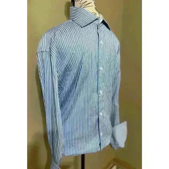 Bugatchi Shirt Mens X-Large Blue Stripe Flip Cuff Button Up Sharp Fit EUC - Picture 2 of 8